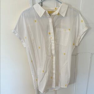 White Button-Up Shirt with Yellow Suns